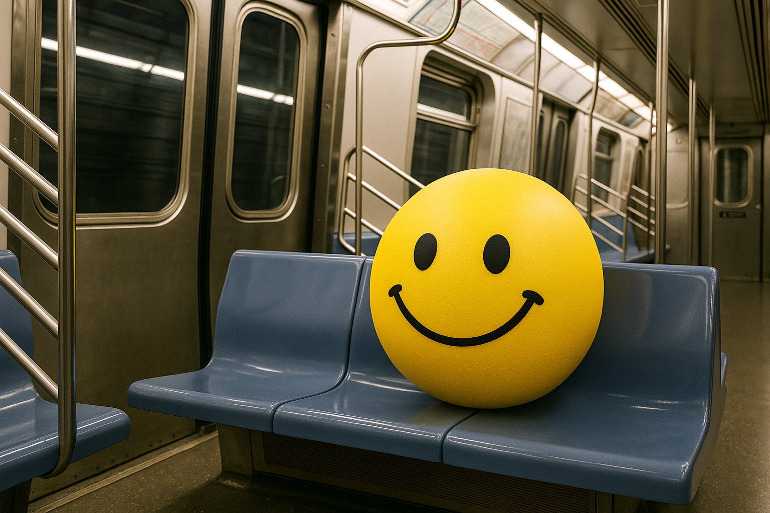 A smiley face riding the subway 